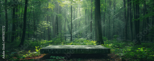 A pristine podium in a tranquil forest clearing, perfect for product presentations and speeches in nature.