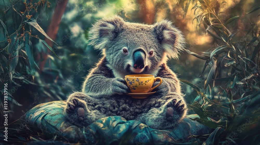 A whimsical koala enjoying tea in a lush, green environment. A whimsical koala enjoying tea in a lush, green environment.