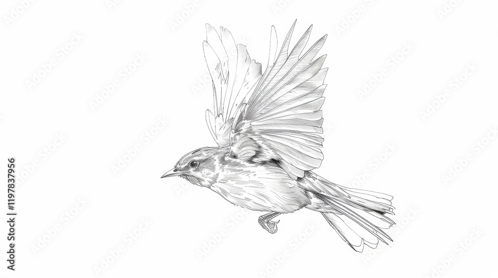 Fototapeta premium A detailed sketch of a bird in flight, showcasing its wings and body in motion.