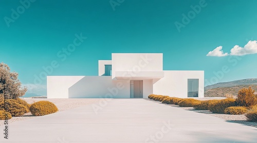 A minimalistic modern white house set against a clear blue sky, surrounded by landscaped grounds and shrubs