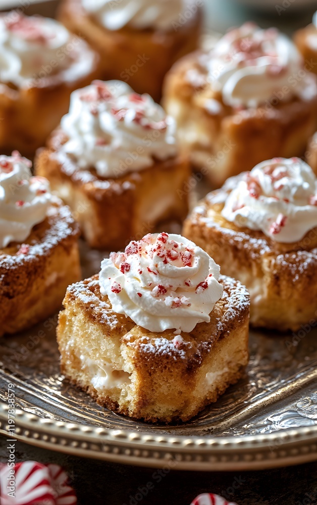 Closeup of individual mini bread puddings, topped with a dollop of whipped cream and crushed peppermints, arranged on a vintage dessert tray Closeup of individual mini bread puddings, topped with a dollop of whipped cream and crushed peppermints, arranged on a vintage dessert tray