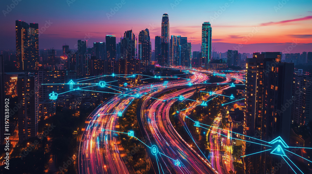 Fototapeta premium Abstract business man stands on the peak of success amid tall, innovative Smart city and graphs with statistics to analyze business potential and predict future developments in company growth.
