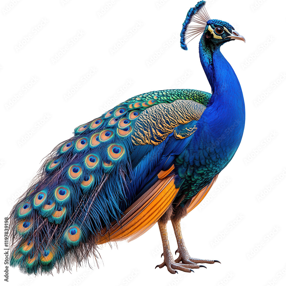 Obraz premium Colorful peacock displaying its vibrant feathers in a natural setting during daylight hours isolated on transparent background