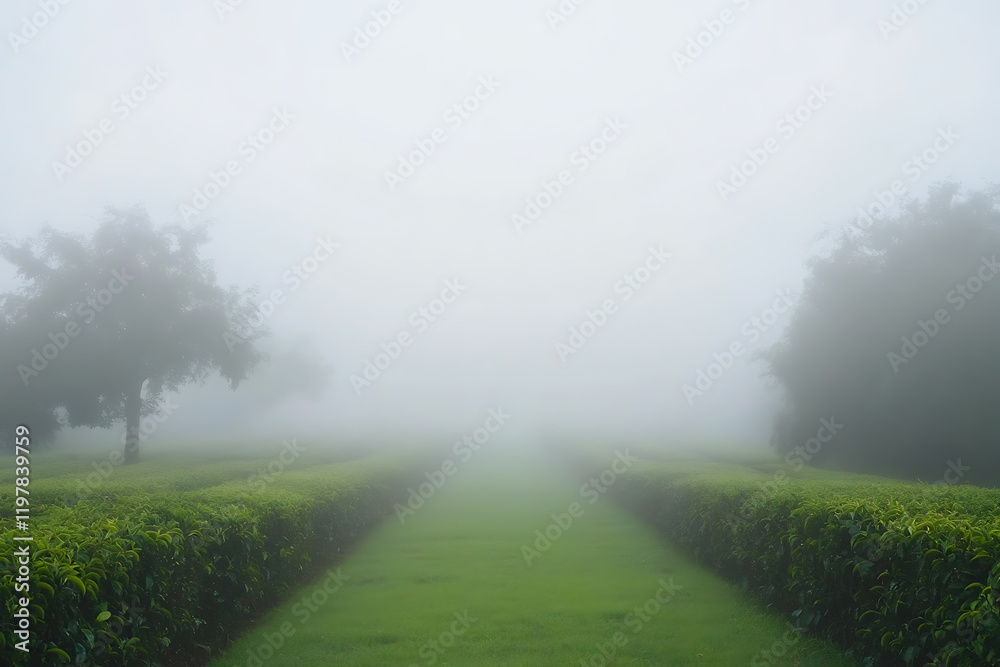 A picturesque tea plantation surrounded by rolling fog, featuring vibrant green tea bushes in neat rows, creating a peaceful and tranquil nature background. A picturesque tea plantation surrounded by rolling fog, featuring vibrant green tea bushes in neat rows, creating a peaceful and tranquil nature background.