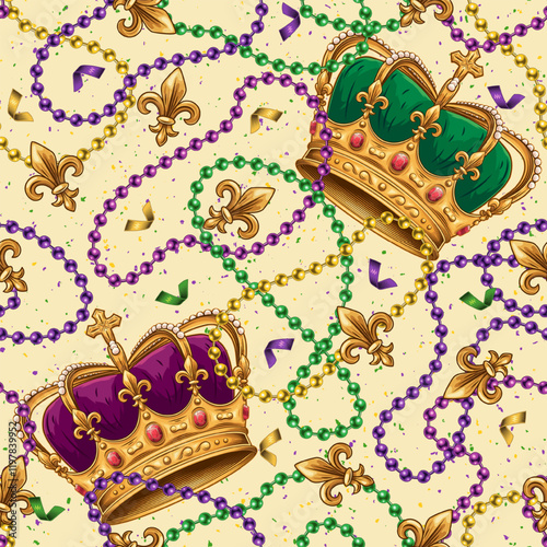 Seamless Mardi Gras pattern with imperial crown, randomly scattered Fleur de Lis sign, confetti, interlaced strings of beads on white background. Vintage style.