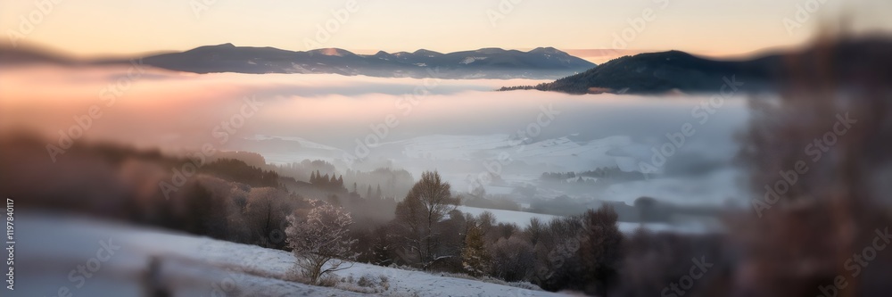 Fototapeta premium Winter morning valley with mist and golden hour lighting
