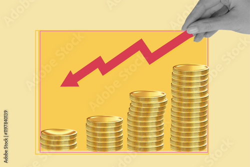halftone collage art.Money loss. Red down arrow stocks graph with cash pile. Financial crisis, investment expenses, economic depression vector concept