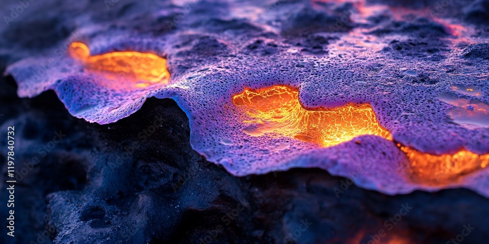Glowing lava flows on volcanic rock, close-up. Background dark, textured rock. Use nature, science
