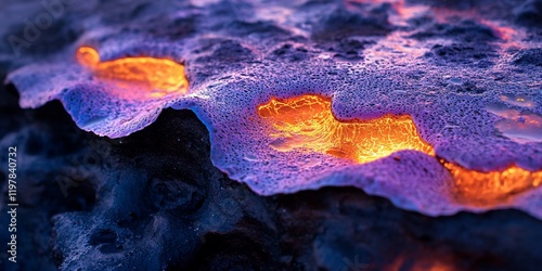 Obraz na płótnie Glowing lava flows on volcanic rock, close-up. Background dark, textured rock. Use nature, science w salonie