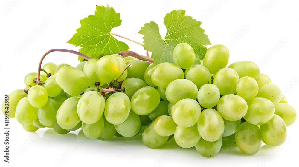 A bunch of fresh, plump green grapes isolated on a white background, highlighting their vibrant color and juicy texture, ideal for a refreshing, healthy snack and organic food styling. A bunch of fresh, plump green grapes isolated on a white background, highlighting their vibrant color and juicy texture, ideal for a refreshing, healthy snack and organic food styling.