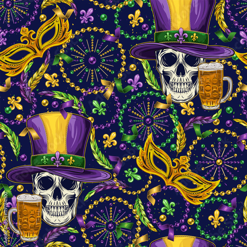 Seamless pattern with human skull in purple tall hat, scattered fleur de lis, strings of beads, confetti. Mardi Gras carnival design. Vintage illustration for holiday, party design