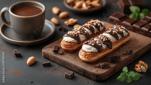 Freshly baked french eclairs and rich chocolate drink bakery setting food photography cozy environment close-up view culinary delight photo