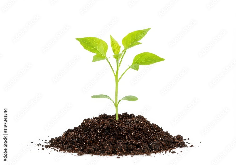 A small green plant sprouting from a mound of rich brown soil, isolated on a white background A small green plant sprouting from a mound of rich brown soil, isolated on a white background