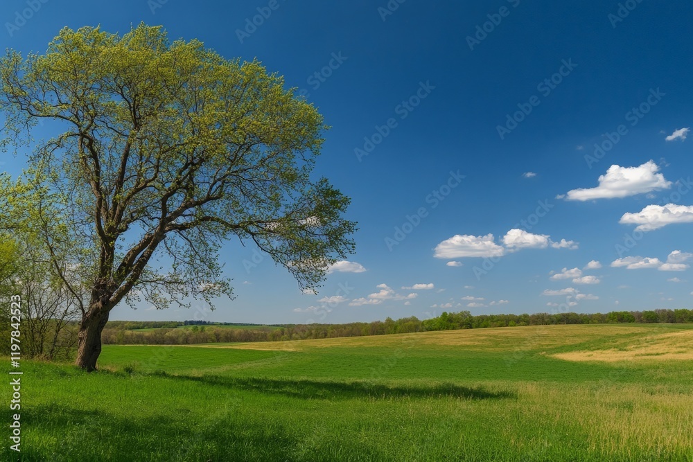 Majestic tree in green field under clear blue sky Majestic tree in green field under clear blue sky