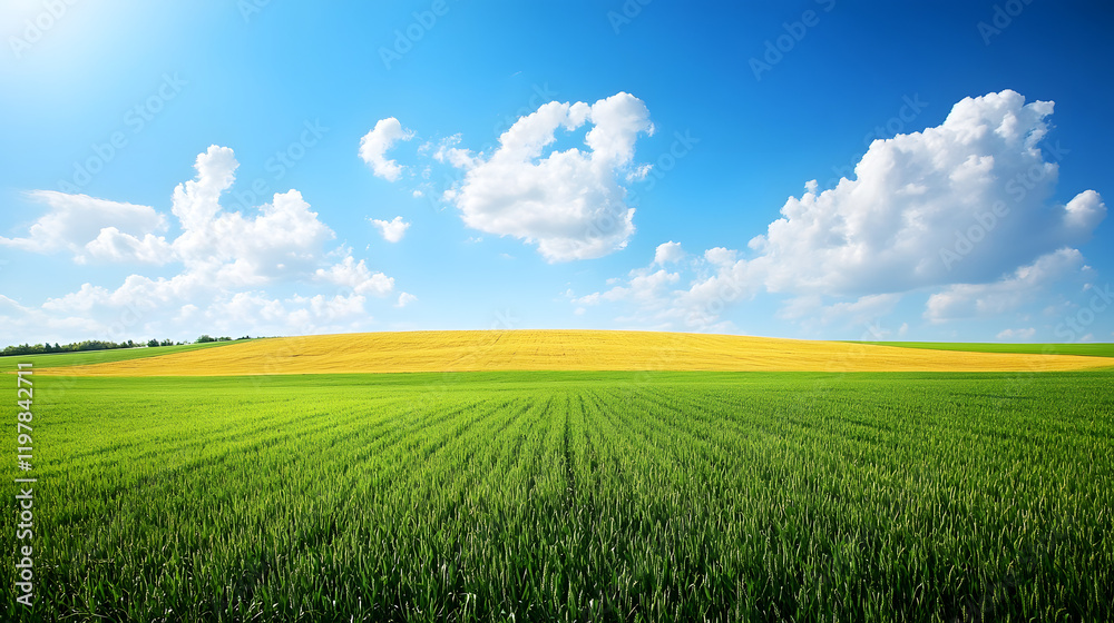 Obraz premium Aerial Perspective of Agricultural Beauty: Rows of Corn and Wheat Under a Serene Blue Sky
