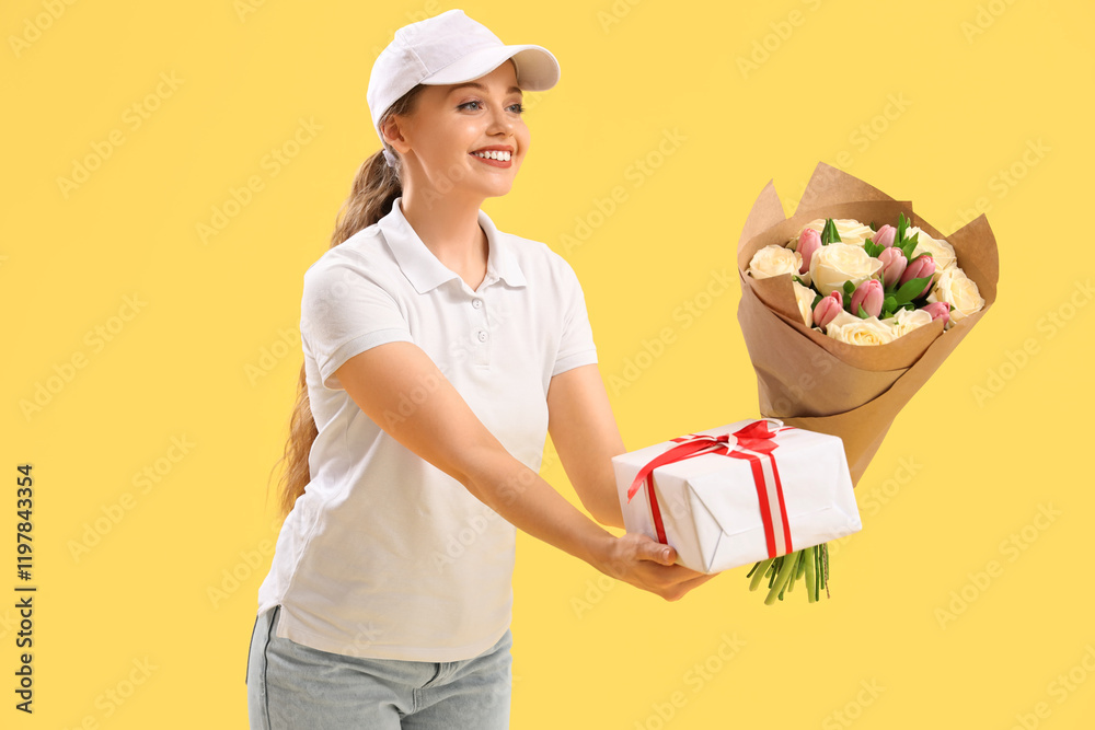 Female courier with bouquet of flowers and gift box on yellow background Female courier with bouquet of flowers and gift box on yellow background