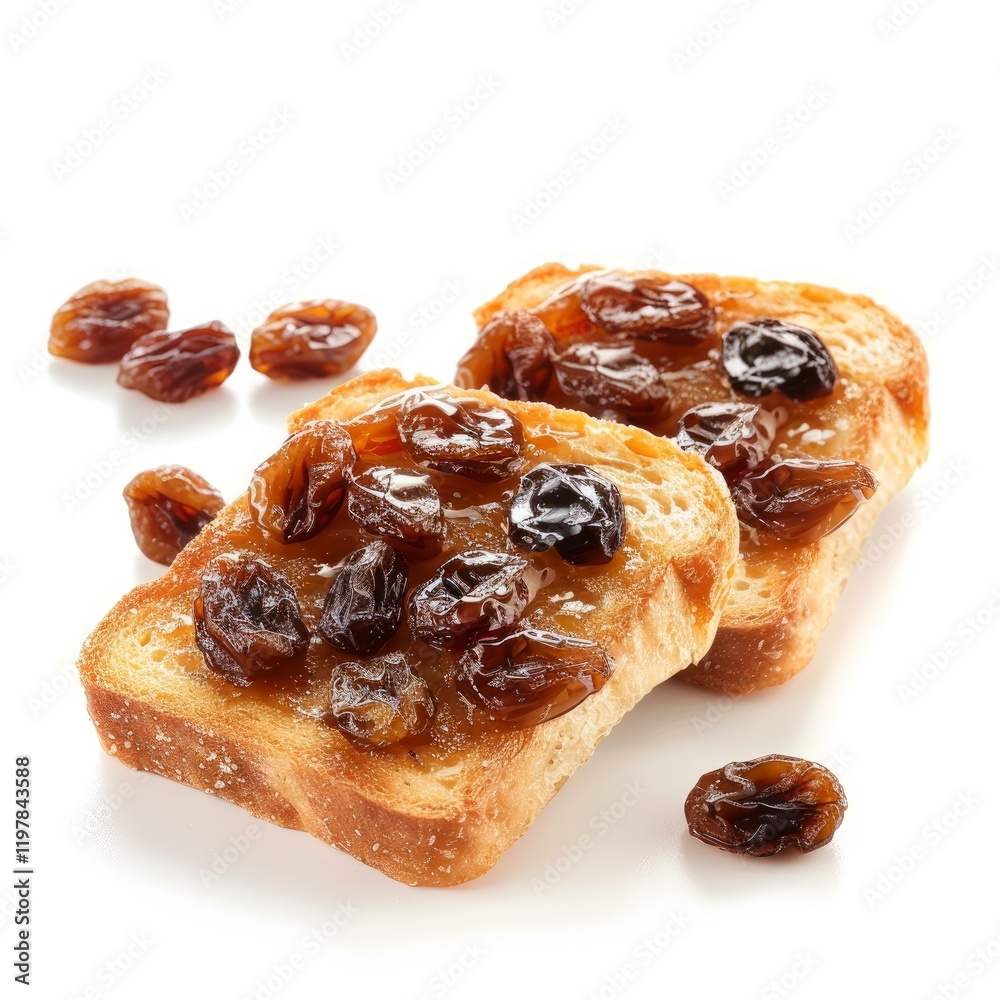 Toasted slices of bread with honey and raisins create a sweet and simple breakfast or snack Toasted slices of bread with honey and raisins create a sweet and simple breakfast or snack