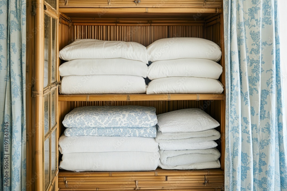 Neatly arranged white and blue linens in wooden cabinet with floral curtains Neatly arranged white and blue linens in wooden cabinet with floral curtains
