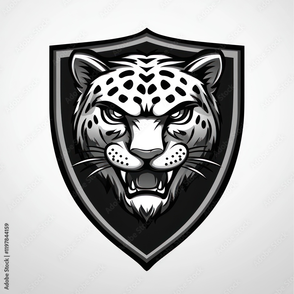 Leopard head in shield emblem, roaring, isolated, vector graphic, for team logo or mascot Leopard head in shield emblem, roaring, isolated, vector graphic, for team logo or mascot
