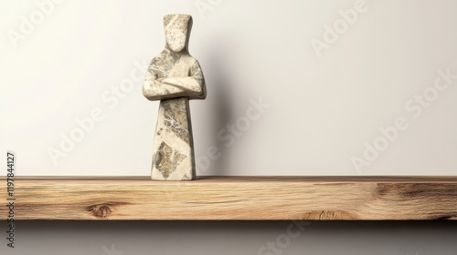 A Modern Sculpture on a Rustic Wooden Shelf: A Perfect Blend of Contemporary and Natural Aesthetics