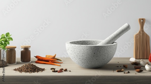 Modern Kitchen Still Life Featuring a Stylish Mortar and Pestle and an Array of Aromatic Spices