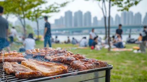 Fototapeta Naklejka Na Ścianę i Meble -  Outdoor barbecue gathering in park with city skyline