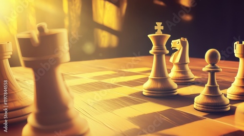 Intriguing Chess Pieces Arrangement on a Wooden Board. A Timeless Game of Strategy. A Stunning Visual of Chess Pieces.