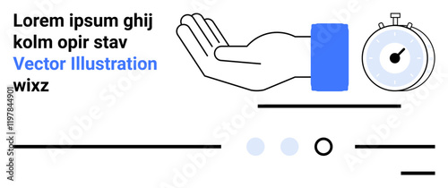 Outstretched hand with blue wrist area, stopwatch, placeholder text in black and blue. Ideal for time management, support services, availability, scheduling, web design inspiration, productivity