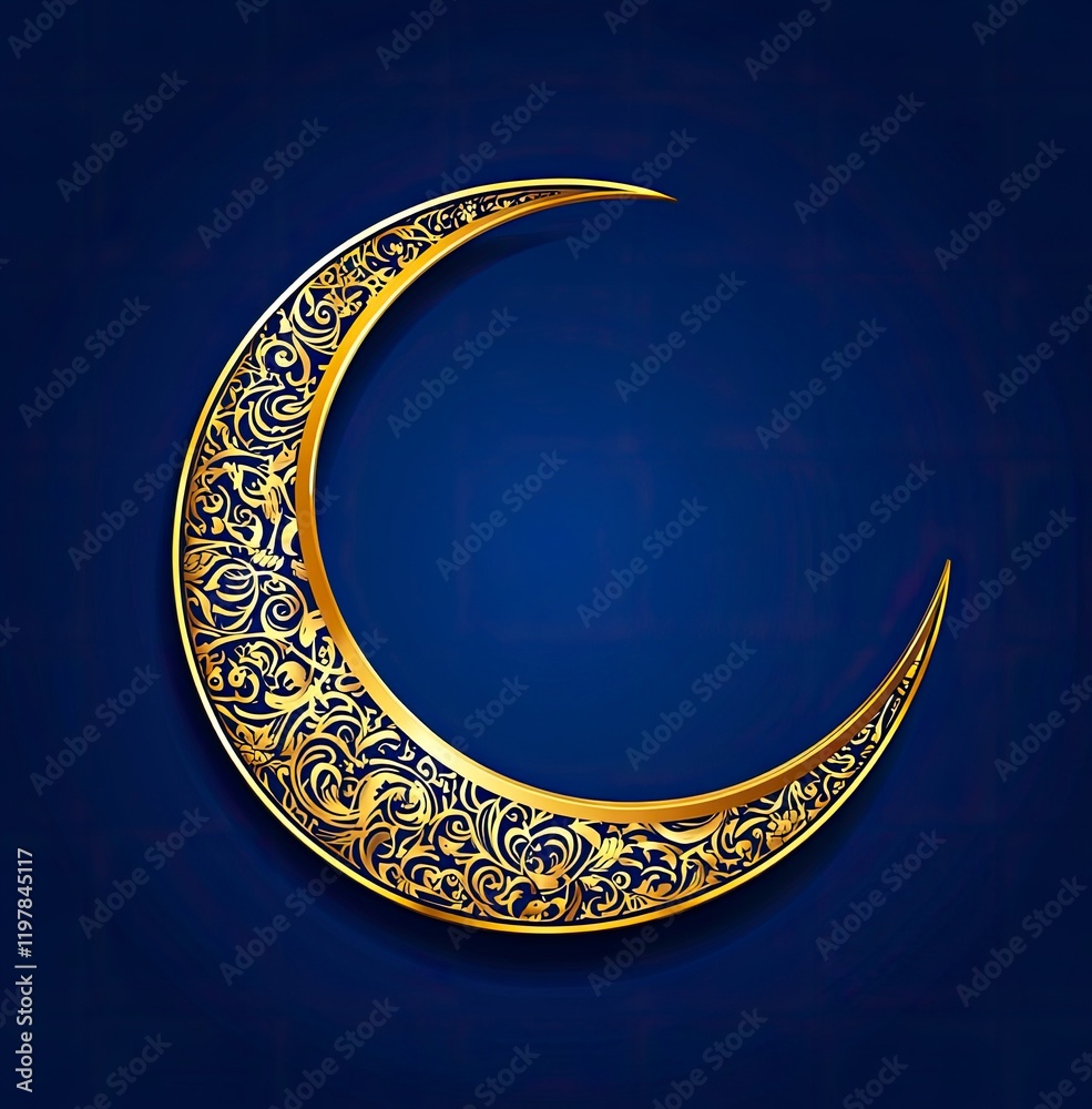 Elegant golden crescent moon with intricate patterns on a blue background, vector illustration copy space, Elegant golden crescent moon with intricate patterns on a blue background, vector illustration copy space,