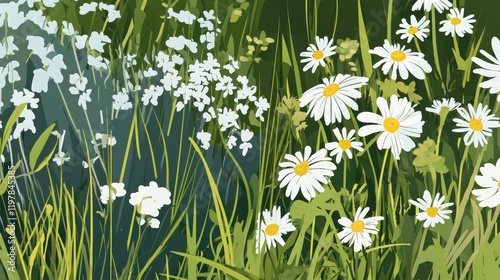 A Captivating Display of White Daisies and Wildflowers in a Vibrant Meadow, A Detailed Floral Illustration for Home Decor