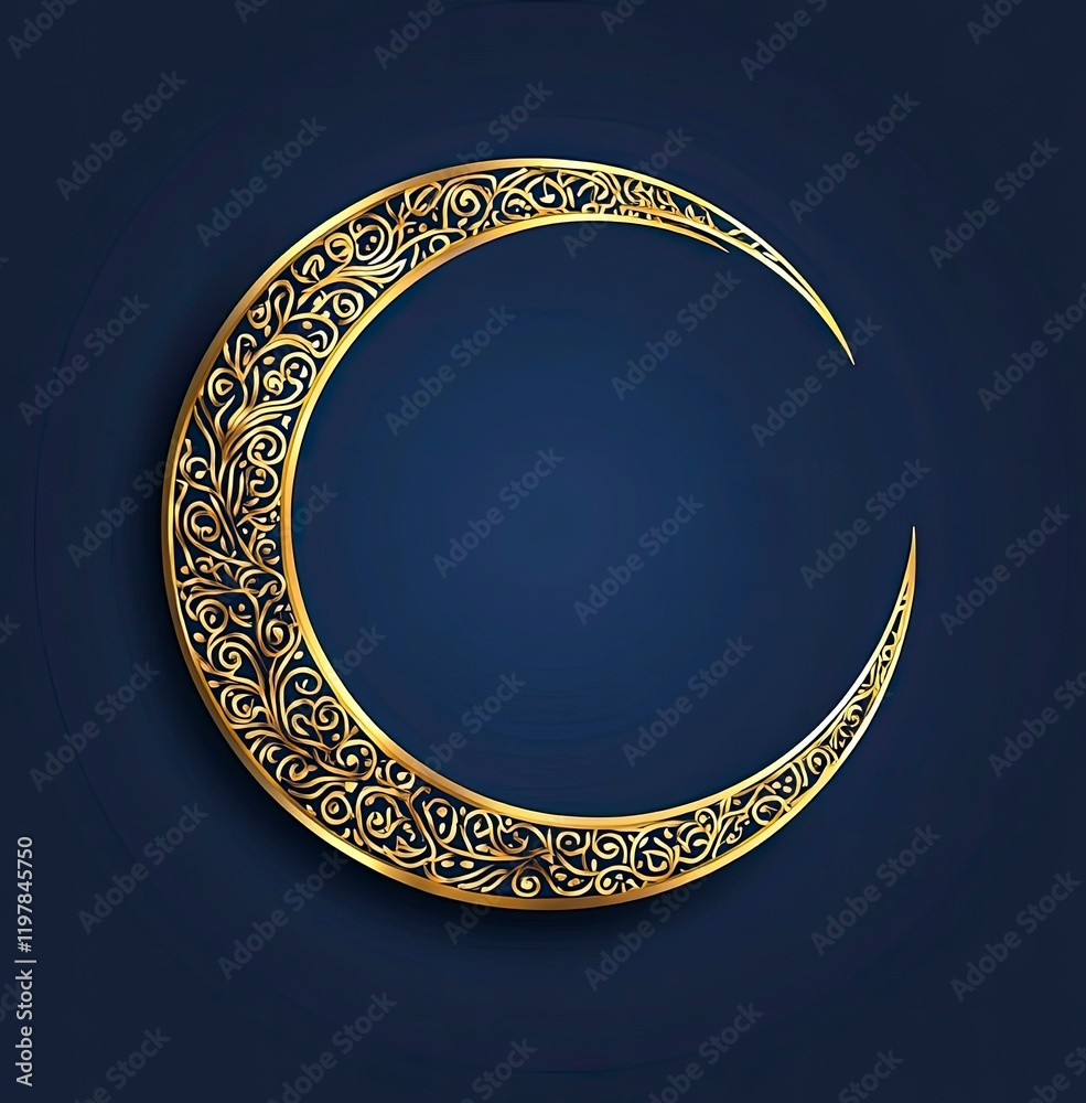 Elegant golden crescent moon with intricate patterns on a blue background, vector illustration copy space, Elegant golden crescent moon with intricate patterns on a blue background, vector illustration copy space,