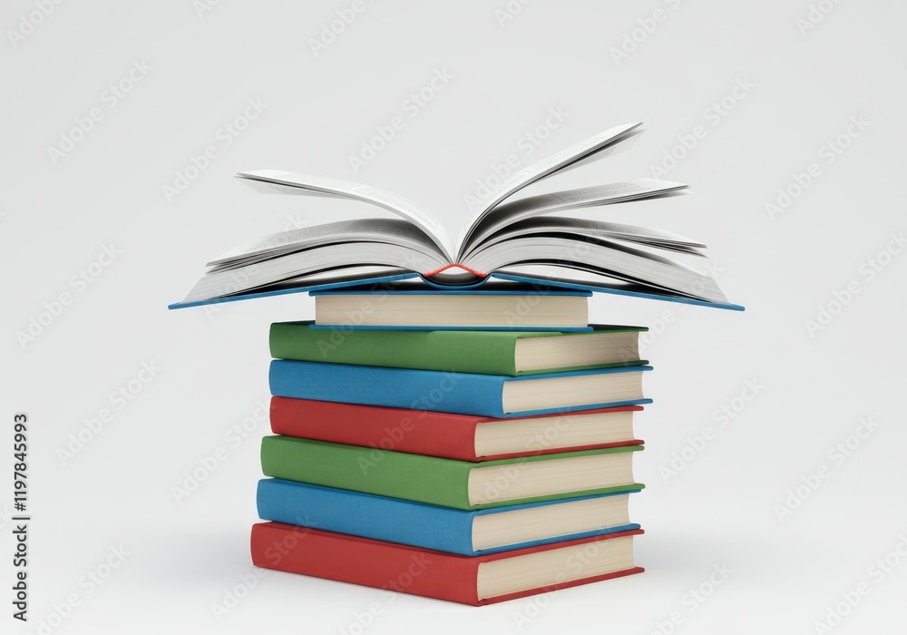 A stack of colorful hardcover books topped with an open book isolated on white background A stack of colorful hardcover books topped with an open book isolated on white background