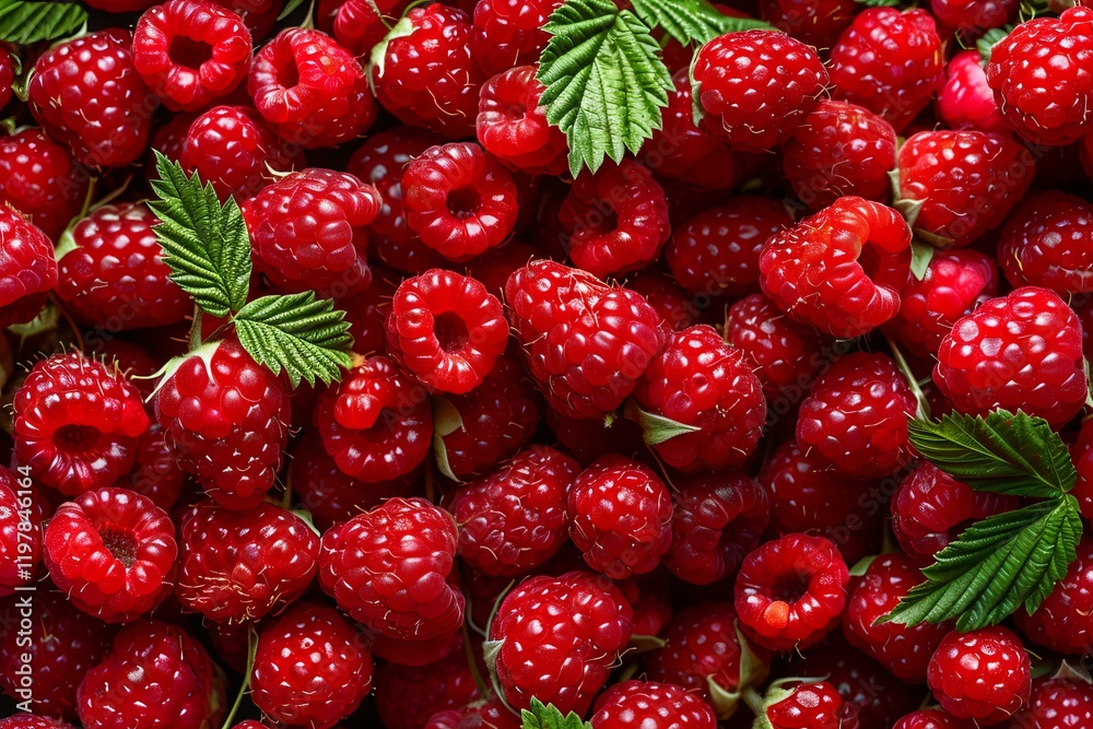 Ripe red raspberries with green leaves form a vibrant and appetizing background Ripe red raspberries with green leaves form a vibrant and appetizing background