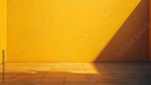 A dynamic and eye-catching scene of a vibrant yellow wall bathed in sunlight, casting a sharp, dramatic shadow across the textured surface of stone tiles. photo