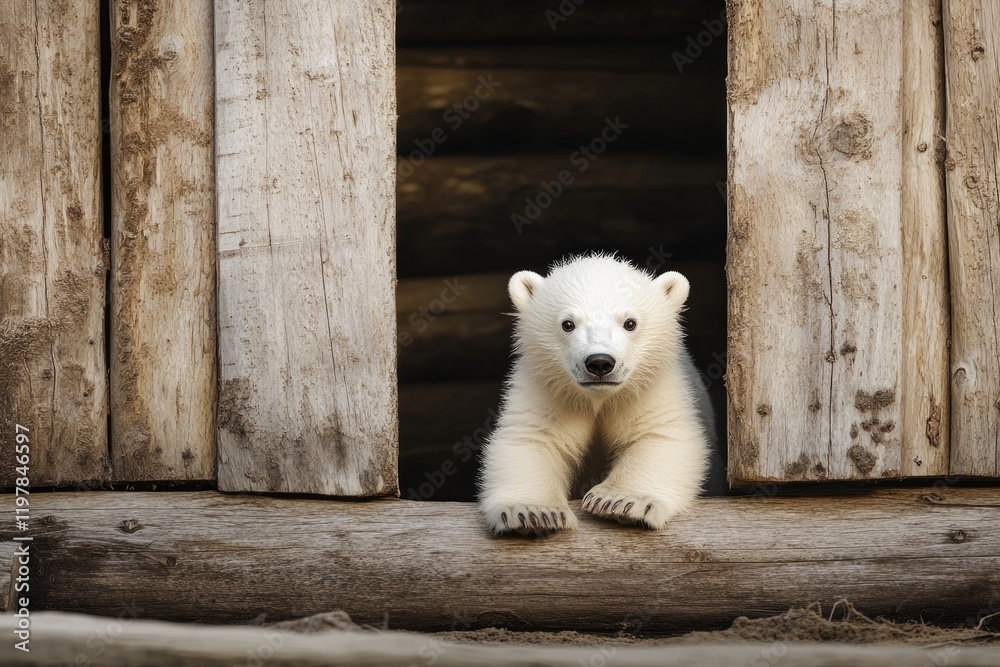 Fototapeta premium An adorable polar bear cub peeks out from a rustic wooden structure, showcasing its fluffy fur and captivating gaze.