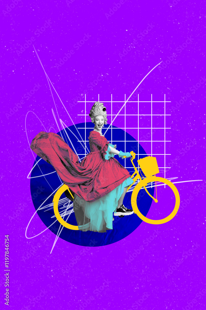 Fototapeta premium Vertical art banner collage of excited girl ride bicycle adventure trip ancient princess journey bike activity hobby castle