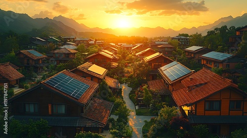 Aerial photo of solar rooftops in a vibrant neighborhood image photo