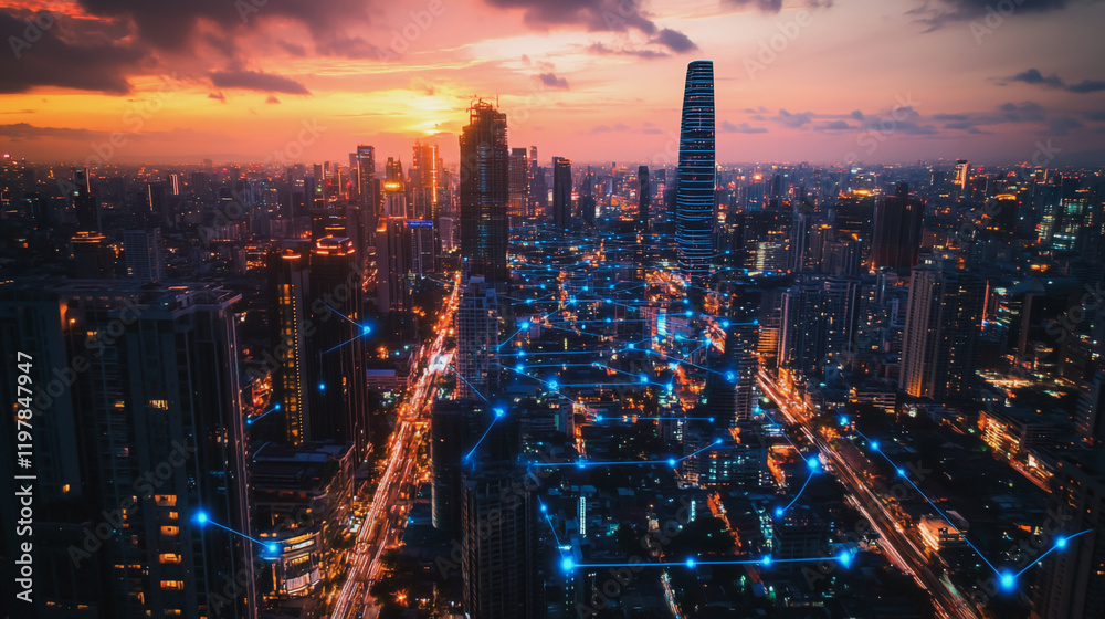 Fototapeta premium Abstract business man stands on the peak of success amid tall, innovative Smart city and graphs with statistics to analyze business potential and predict future developments in company growth.