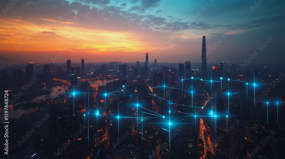 Fototapeta premium Abstract business man stands on the peak of success amid tall, innovative Smart city and graphs with statistics to analyze business potential and predict future developments in company growth.