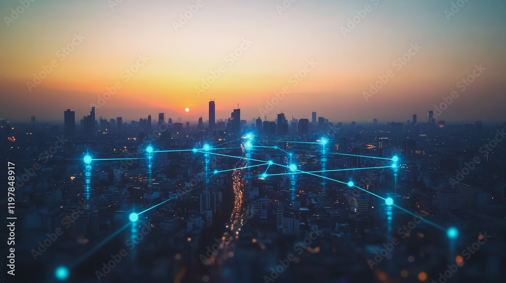 Obraz premium Abstract business man stands on the peak of success amid tall, innovative Smart city and graphs with statistics to analyze business potential and predict future developments in company growth.