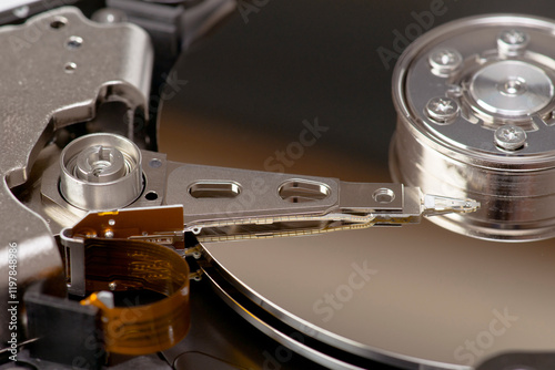 Close-up view of a hard drive arm and platters