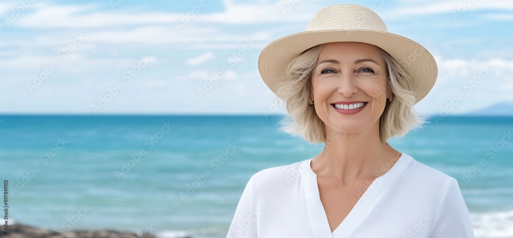 Happy mature woman at the beach, summer vacation Happy mature woman at the beach, summer vacation