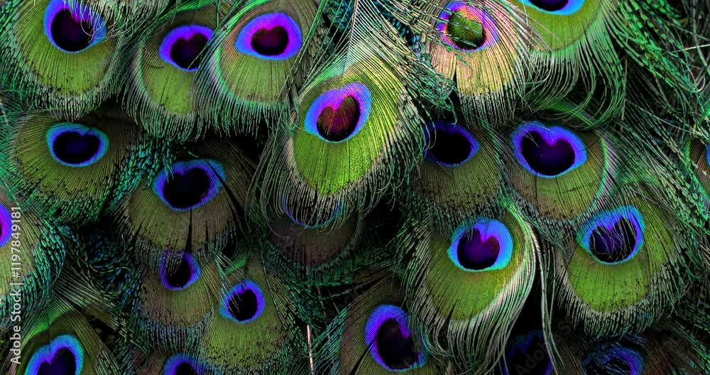 Close-up view of beautiful colorful peacock feathers and natural light reflects on them