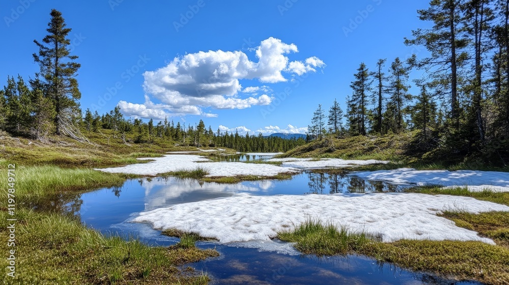 Serene alpine landscape with partially snow-covered meadow and clear blue sky Serene alpine landscape with partially snow-covered meadow and clear blue sky