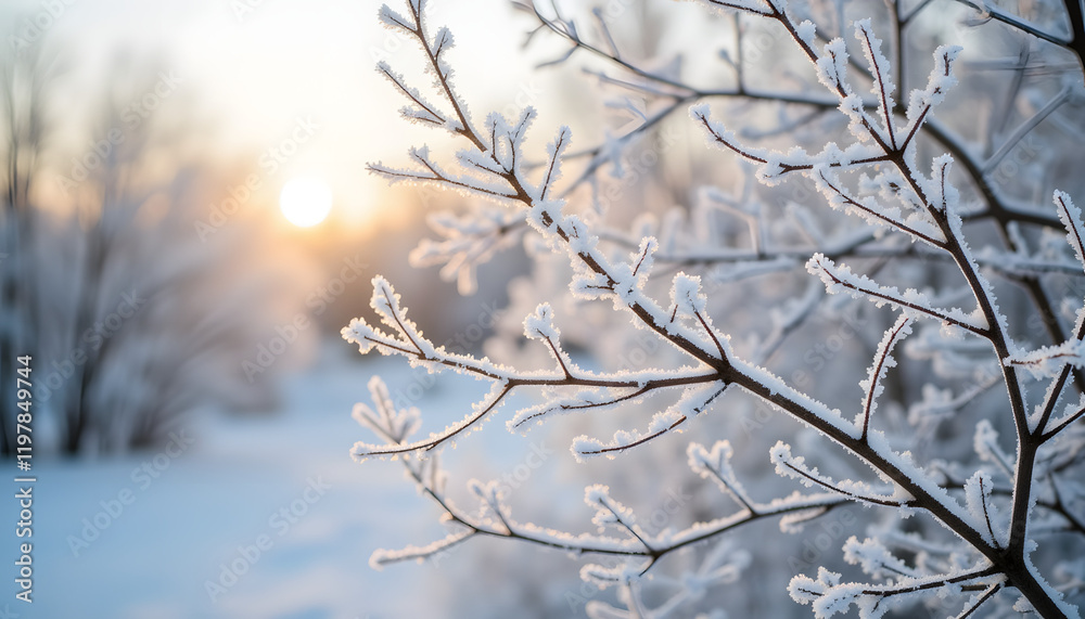 Frost-covered branches at sunrise in winter landscape Frost-covered branches at sunrise in winter landscape