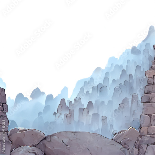 Rocky landscape with misty cliffs and ruins under a bright sky. Fantasy environment illustration with place for text. Background concept for design and print