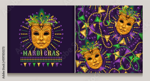 Mardi Gras themed label. Emblem with carnival golden venetian face mask with bundle of colorful feathers on top, beads, text. Vintage holiday composition.