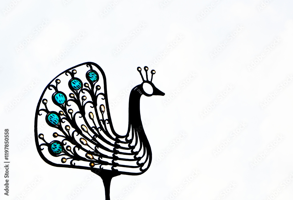 paw z metalu na bialym tle, ażurowa figurka pawia wykonana z metalu do dekoracji ogrodów, openwork peacock made of metal on a white background, peacock figurine made of metal for garden decoration