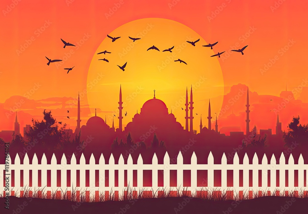 I can't believe how beautiful it is, the silhouette of an ancient mosque and white fence in Istanbul with birds flying against the sunset sky background. I can't believe how beautiful it is, the silhouette of an ancient mosque and white fence in Istanbul with birds flying against the sunset sky background.