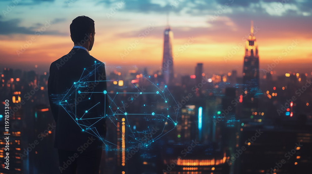 Fototapeta premium Abstract business man stands on the peak of success amid tall, innovative Smart city and graphs with statistics to analyze business potential and predict future developments in company growth.